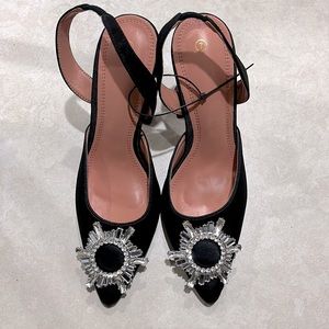 Black Silk Embellished Heels/Sling backs-New Size 7